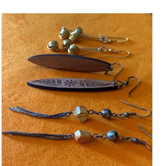 Vintage Wood and Metal Earrings, SET of 3, Unmarked - Picture 2 of 2